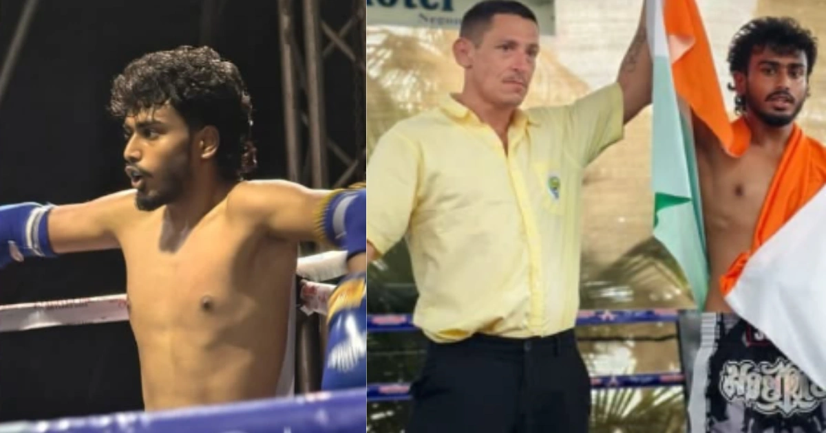 Sriharsha BK winning gold medal for India in Muay Thai Asian Games 2026 after defeating Pakistan opponent in Sri Lanka