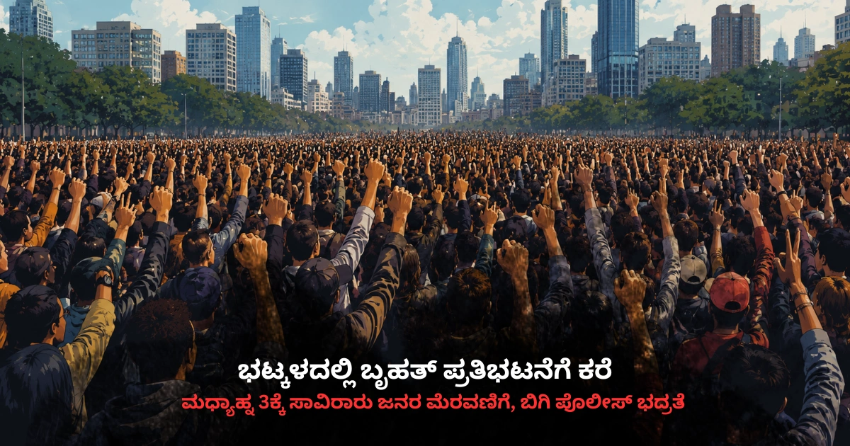 ಭಟ್ಕಳ ಬೃಹತ್ ಪ್ರತಿಭಟನೆ ಹಿನ್ನೆಲೆಯಲ್ಲಿ ಪಟ್ಟಣದಲ್ಲಿ ಸೇರಿರುವ ಪ್ರತಿಭಟನಾಕಾರರು ಮತ್ತು ಬಿಗಿ ಪೊಲೀಸ್ ಭದ್ರತೆ