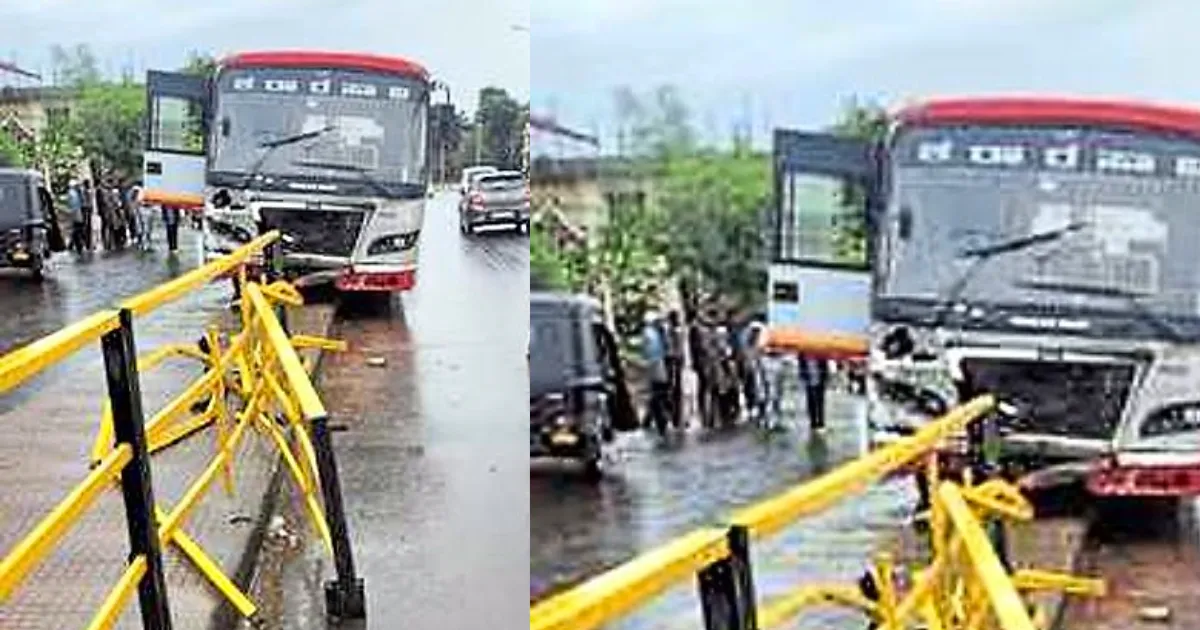 ಬೆಳ್ತಂಗಡಿಯಲ್ಲಿ ಡಿವೈಡರ್ ಮೇಲೆರಿದ ಕೆಎಸ್‌ಆರ್‌ಟಿಸಿ ಬಸ್ ಹಾಗೂ ಜಖಂಗೊಂಡ ತಡೆಬೇಲಿ ಮತ್ತು ದಾರಿದೀಪದ ಕಂಬ
