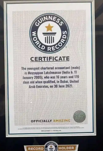 Lakshmanan Meyyappan Youngest Male Chartered Accountant Guinness Record